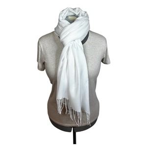 Large Beautiful White Shawl Wrap Scarf With A Decorative Design and Fringe.